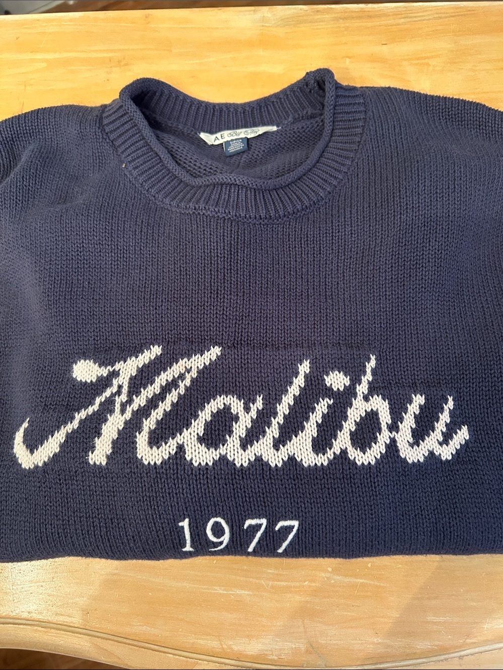 American Eagle Outfitters Navy Crewneck Sweater with White 'Malibu' Script